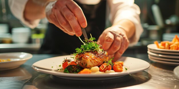 Chef in restaurant kitchen preparing and decorating food delicious dish