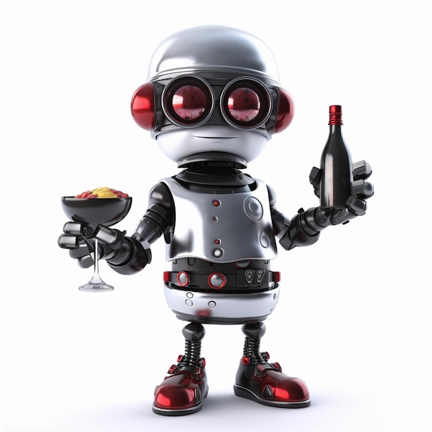 シェフロボットの3D漫画は、白い背景にワインとボトルのリアルなイラストを持ってきます