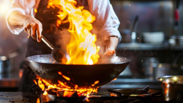 Chef roer friet in wok Dramatisch koken met vuur hard in de keuken