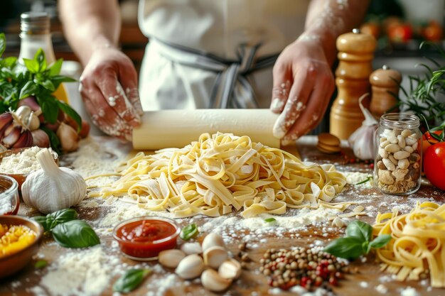 Foto chef rolling dough omringd door ingrediënten voor vers zelfgemaakte pasta in een rustieke keukenomgeving