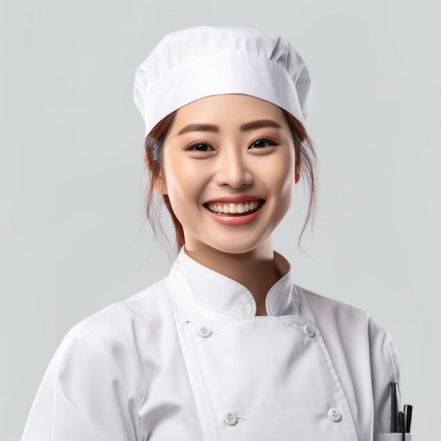 The chef's smile in the portrait image is warm and inviting putting customers at ease