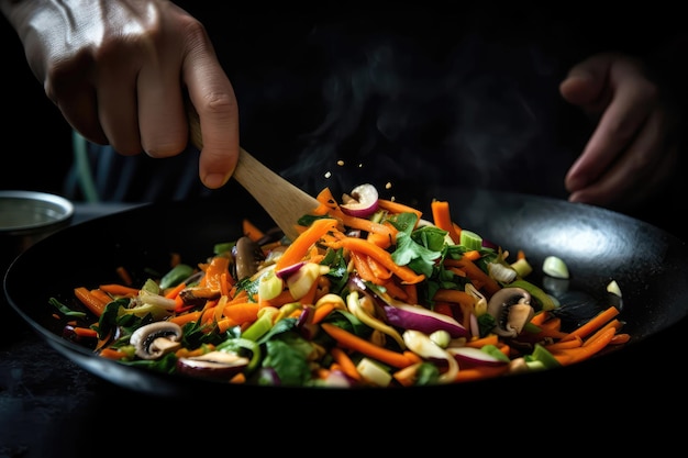 Chef Sauting Medley Van Kleurrijke Geroerbakte Groenten Close Generatieve AI