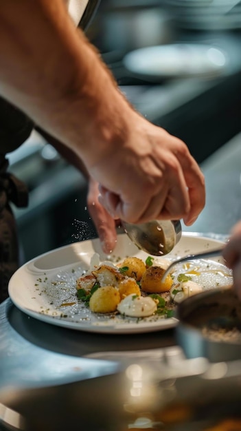 Chef seasoning eten op het bord