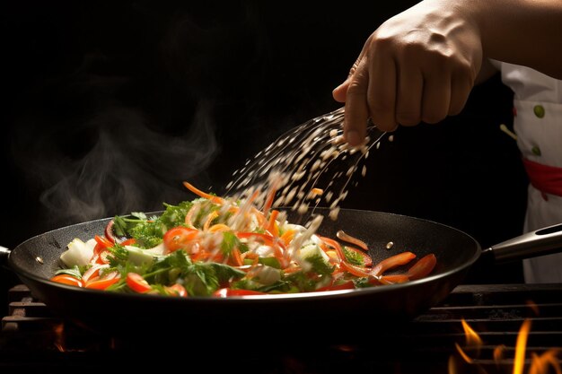 A chef seasoning fajita meat with a sprinkle of smoked paprika