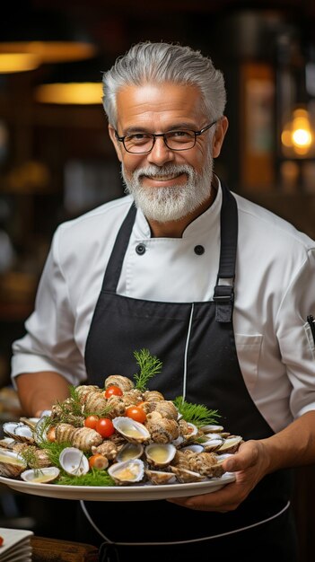 Chef serving out a gorgeous plate of fresh seafood