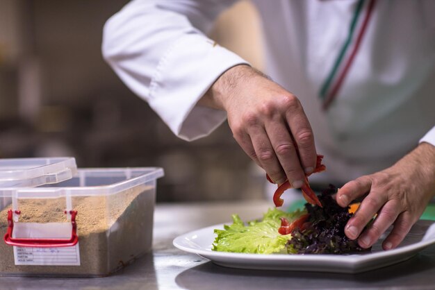 Chef serving vegetable salad on plate in restaurant kitchen