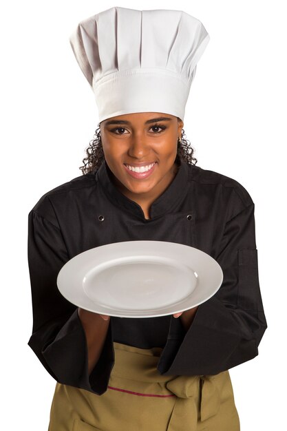 Chef showing empty plate. Woman cook or chef serving empty plate smiling happy isolated on white space.