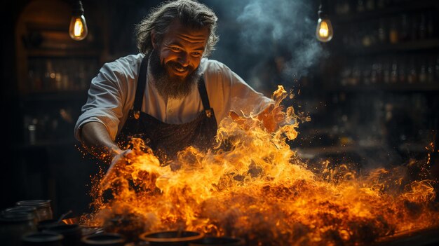 Photo a chef skillfully flambeing dish flames background