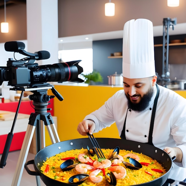 The chef skillfully prepares a delicious spanish paella dish using a perfect combination of fresh s