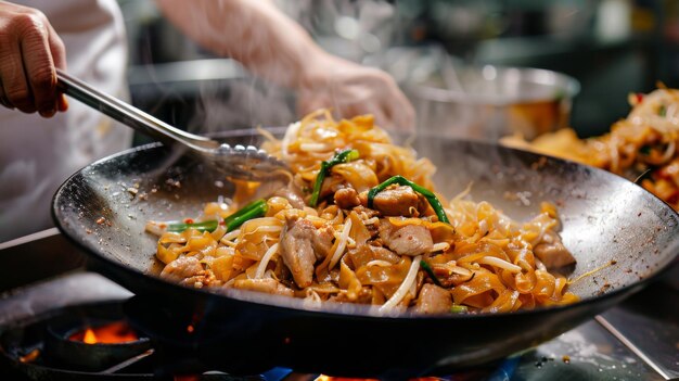 Photo a chef skillfully tossing a sizzling wok full of pad see ew with wide rice noodles tender chicken and crisp vegetables