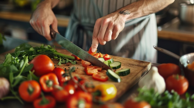 Photo a chef slicing vegetables with precision on a cutting board