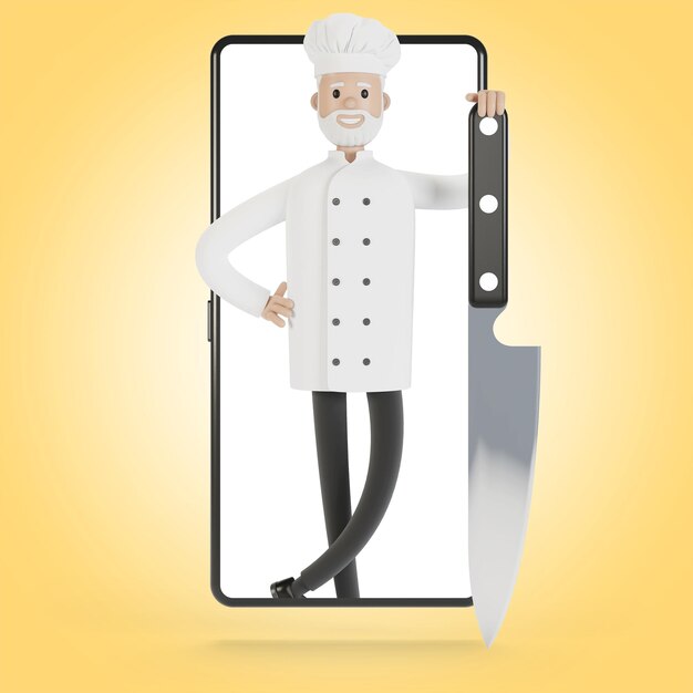 Chef at the smartphone screen online cooking courses proper\
cooking delivery from the restaurant 3d illustration in cartoon\
style