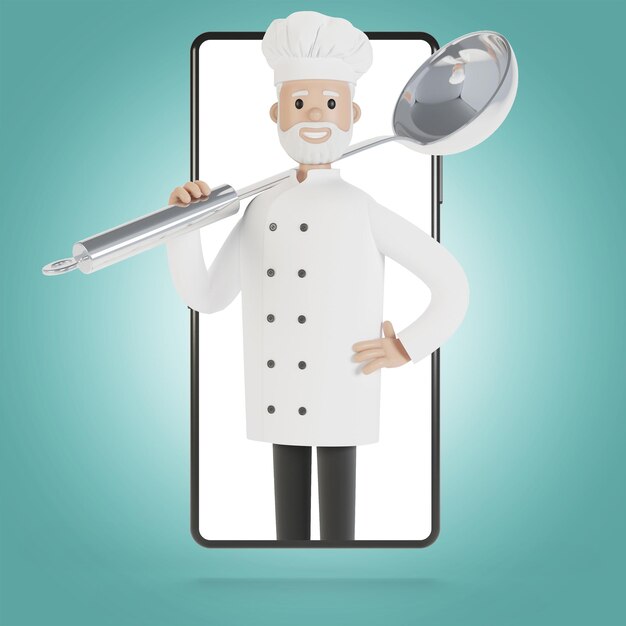 Chef at the smartphone screen Online cooking courses proper cooking Delivery from the restaurant 3D illustration in cartoon style