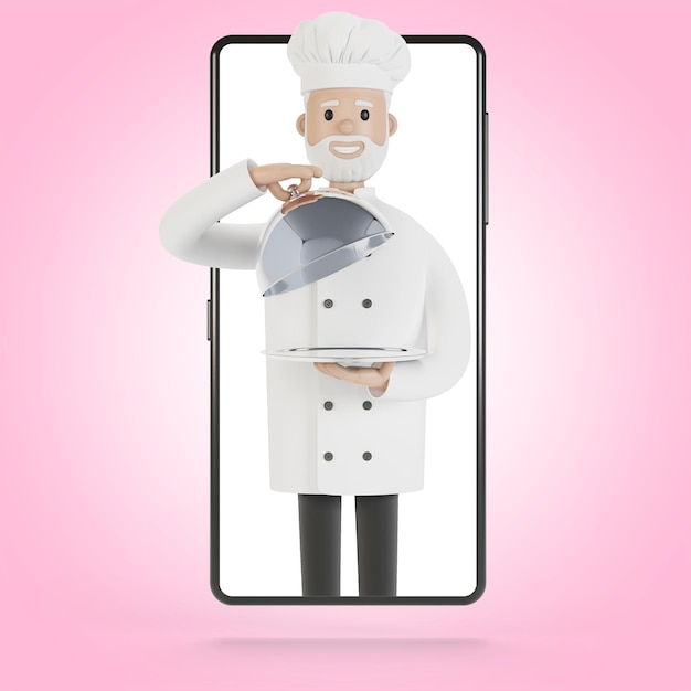 Chef at the smartphone screen Online cooking courses proper cooking Delivery from the restaurant 3D illustration in cartoon style