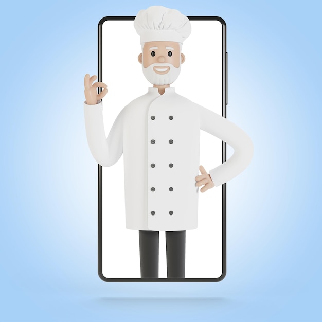 Chef at the smartphone screen Online cooking courses proper cooking Delivery from the restaurant 3D illustration in cartoon style