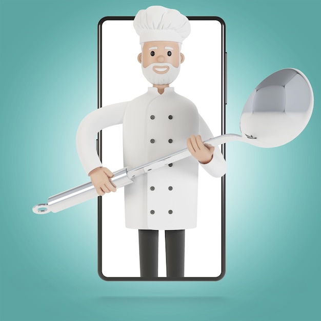 スマートフォン画面のシェフオンライン料理コース適切な料理レストランからの配達漫画風の3Dイラスト
