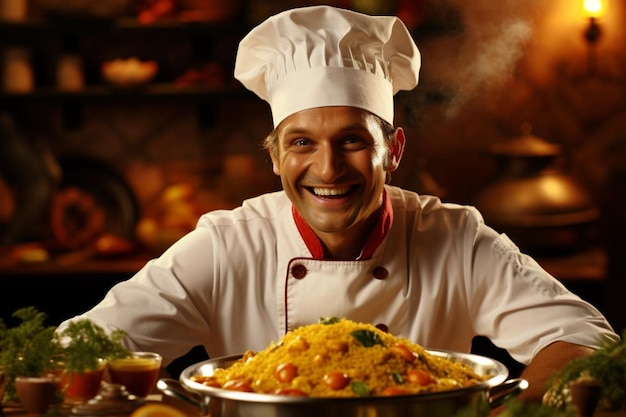 a chef smiles as he poses with a bowl of food