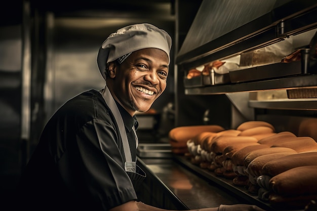 A chef smiling in front of a oven with hot dogs on it