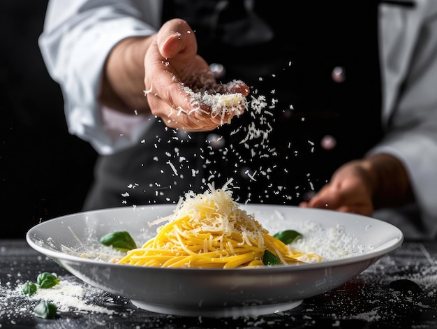 A chef sprinkling freshly grated parmesan cheese over a bowl of pasta