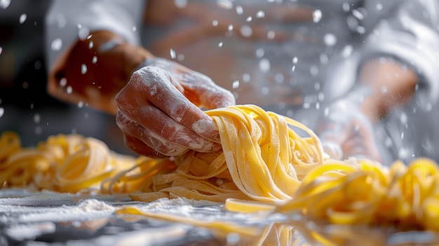 Foto lo chef spruzza la pasta sulla tavola