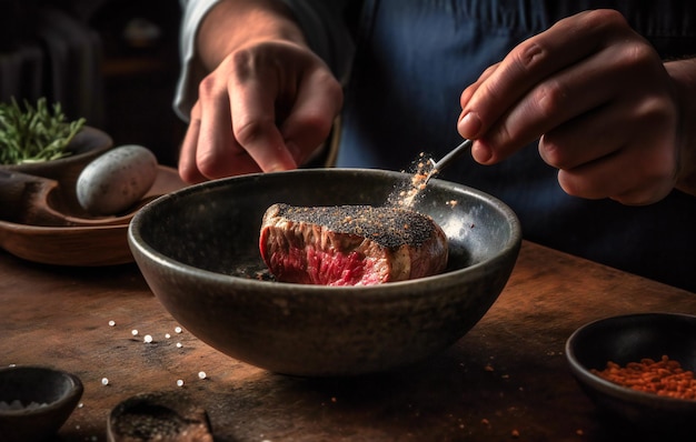 Chef sprinkling seasoning on steak in bowl