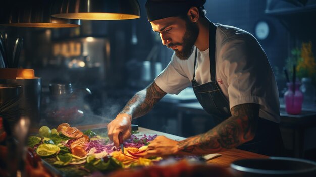 Foto chef spruzzando condimento sulla bistecca