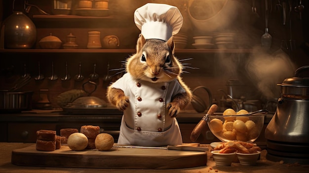 A chef squirrel with a chefs hat and rolling pin