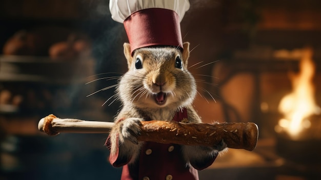 A chef squirrel with a chefs hat and rolling pin