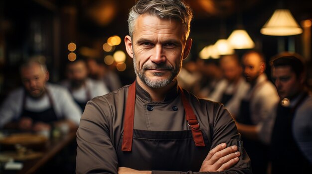 Chef staat zelfverzekerd met zijn armen gekruist en kijkt naar de camera.