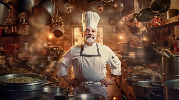 A chef standing in a kitchen with pots and pans on the table.