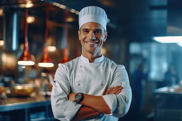 A chef standing in a restaurant with his arms crossed.