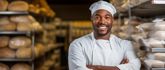 a chef stands in front of a wall of food