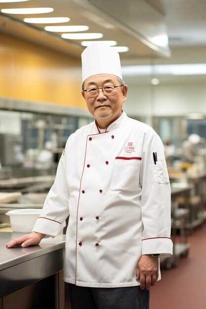 Photo a chef stands in a kitchen with a hat on