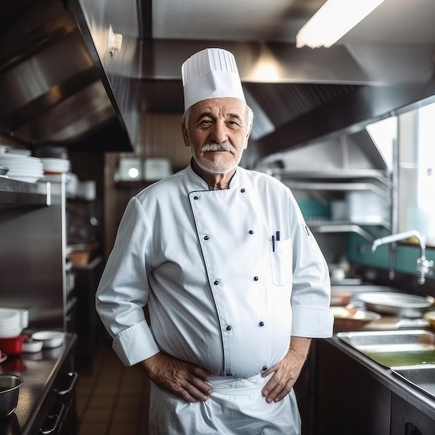 A chef stands in a kitchen with his hands on his hips.