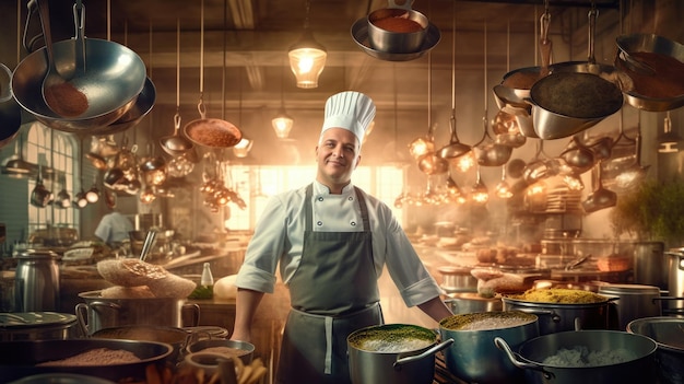 A chef stands in a kitchen with pots of food and pans of food.