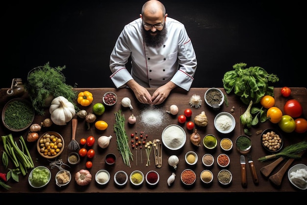 A chef stands behind a table full of food and the words " chef ".