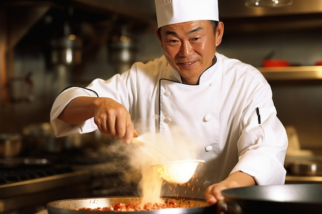 A chef stirring rice in a hot wok