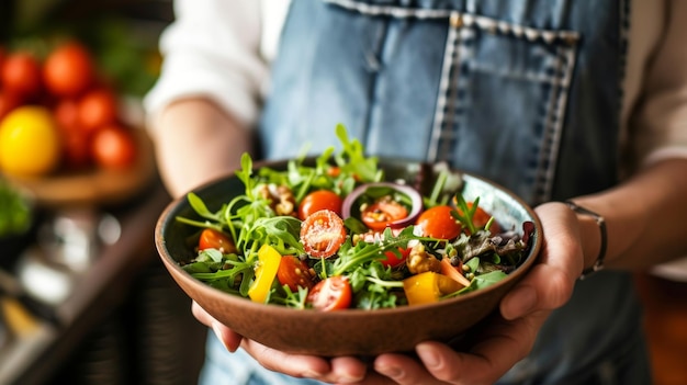 Chef in striped apron presenting a handcrafted salad bowl filled with vibrant greens and vegetables