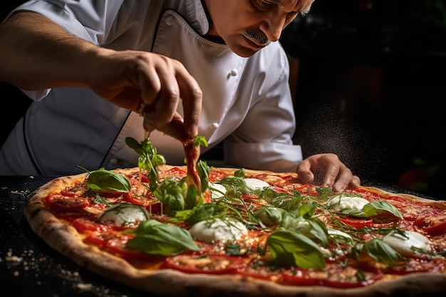 A Chef Topping a Pizza with Fresh Basil Leaves