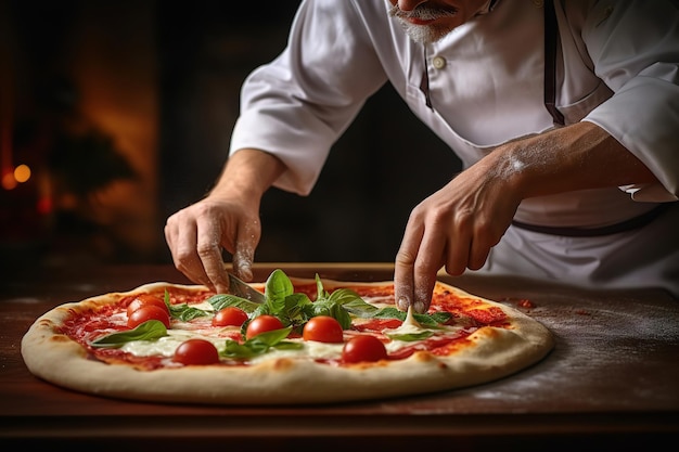 A Chef Topping a Pizza with Fresh Basil Leaves