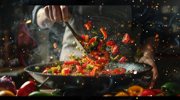 A chef tossing vegetables in a sizzling pan the vibrant colors and motion captured in crisp detail