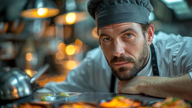 Foto chef in uniforme appoggiato sul bancone