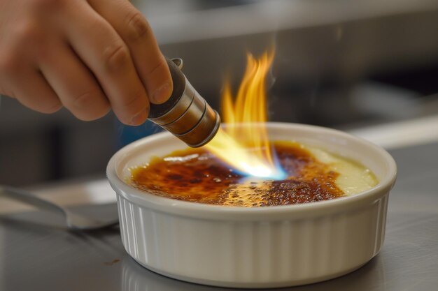 Foto chef che usa una torcia per caramellare una crema brle