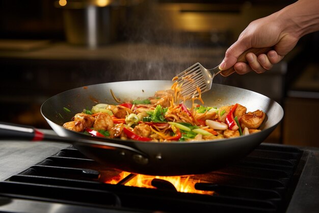 A chef using chopsticks to mix chicken and vegetables in a wok