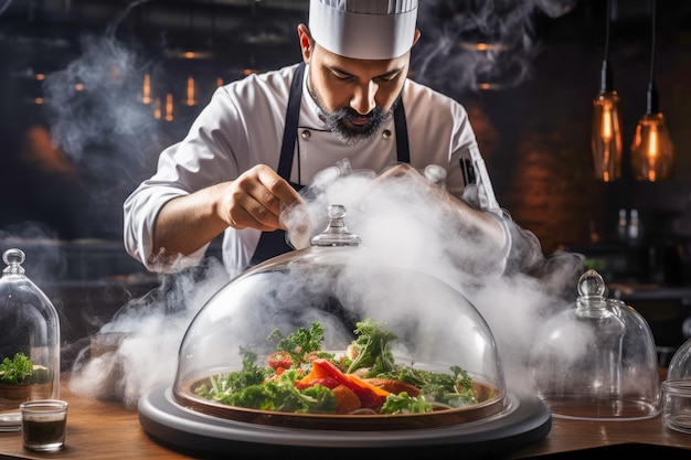 Chef using a large bell jar and a smoking gun