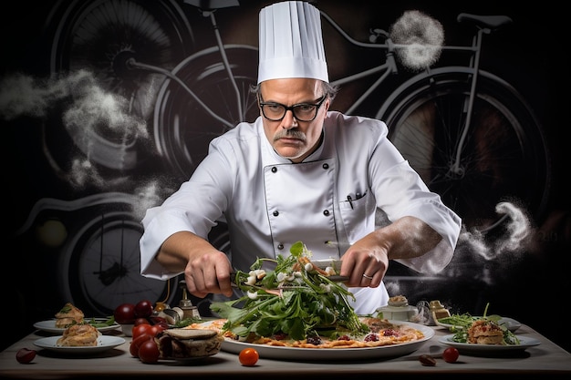 A chef using a pizza cutter with a unique design such as a bicycle wheel