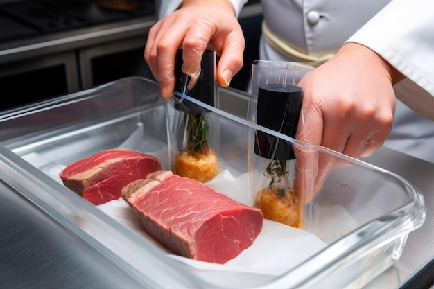 Foto chef che utilizza il metodo sous vide per preparare una bistecca tenera e succosa creata con l'ia generativa