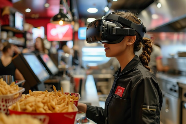 Chef in VR Headset Overseeing Fast Food RestaurantxA