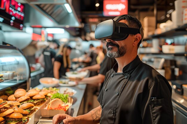 Photo chef in vr headset overseeing fast food restaurantxa