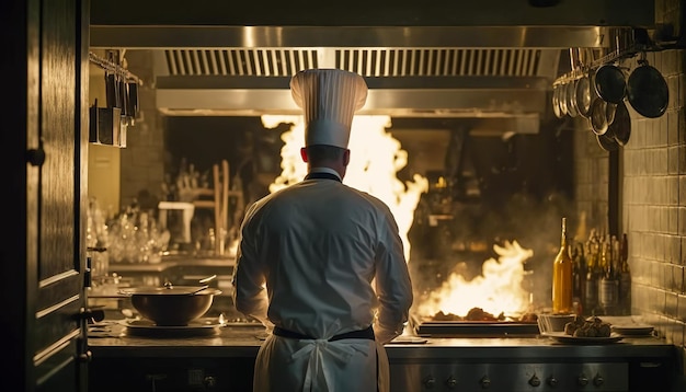 A chef wearing a high toque cooking food in a kitchen Generative AI